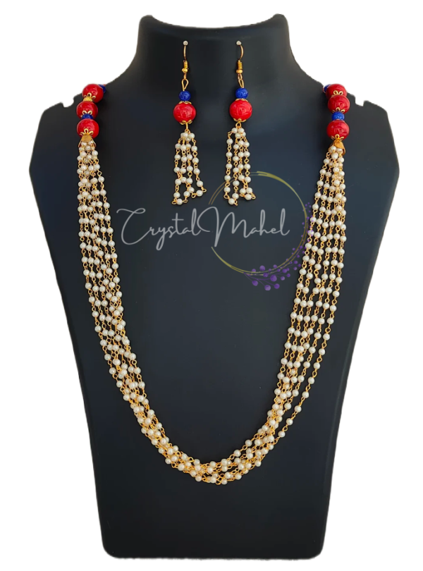 Red and Blue Beaded Pearl Layered Necklace - Stylish Accent for Women and Girls